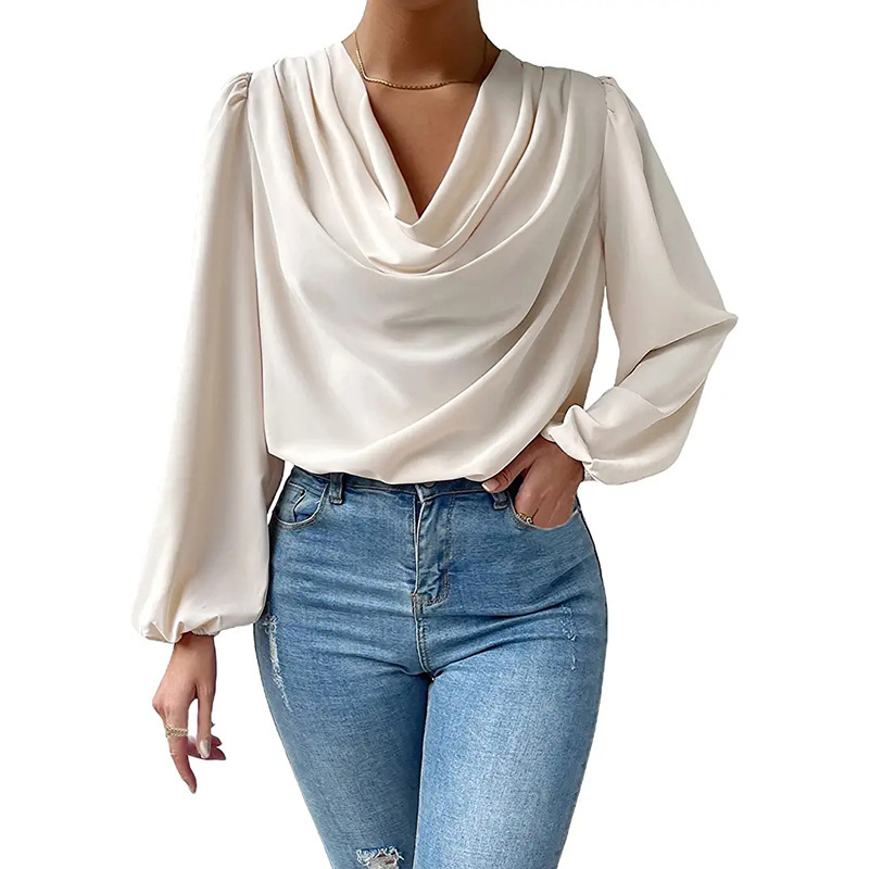 Womens 2025 Summer Silky Chiffon Draped V-Neck Blouse Ruched Long Sleeve Loose Fit Elegant Office Top Y2K Retro Vacation Ready Essentials