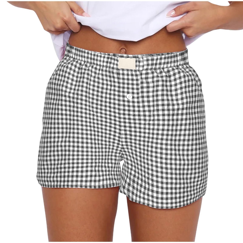 Summer Women's Plaid Print Elastic High Waist Wide Leg Vintage Plaid Casual Shorts
