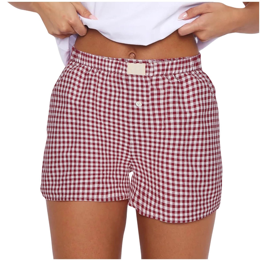 Summer Women's Plaid Print Elastic High Waist Wide Leg Vintage Plaid Casual Shorts