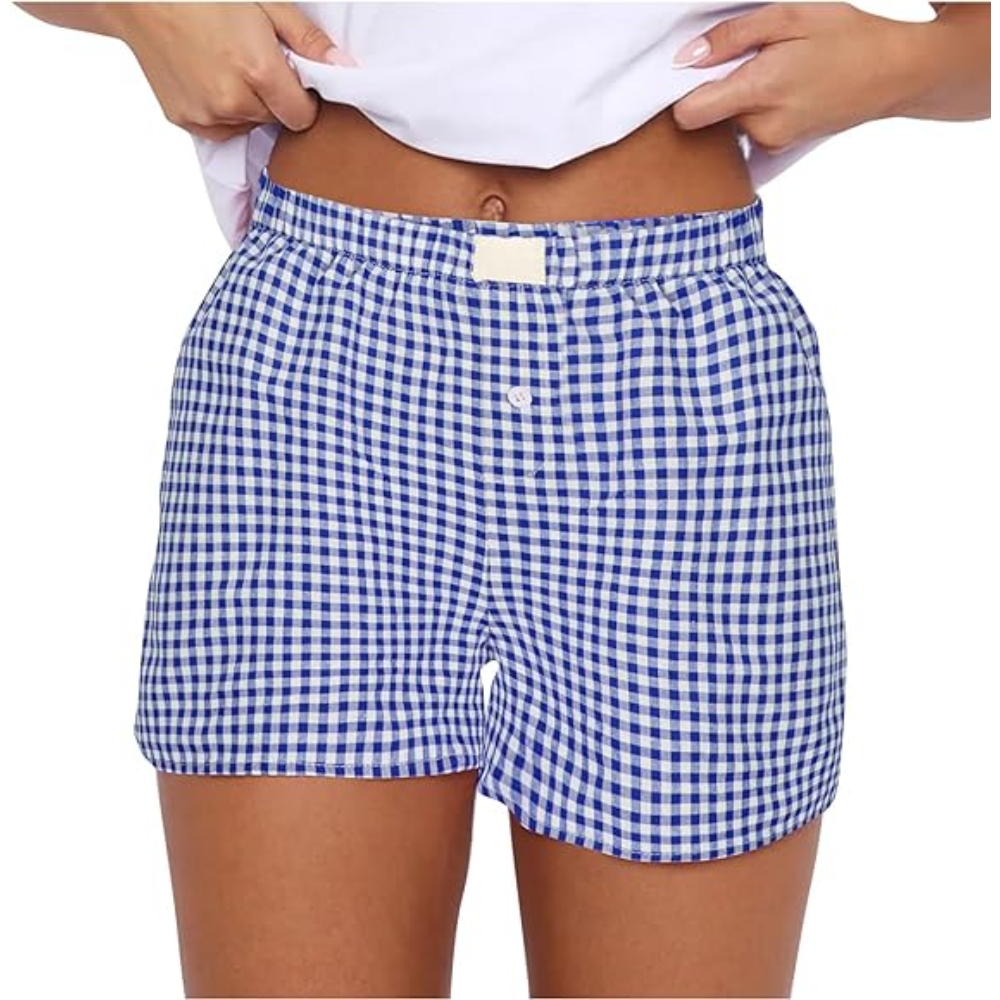 Summer Women's Plaid Print Elastic High Waist Wide Leg Vintage Plaid Casual Shorts