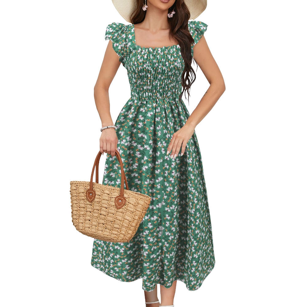 欧美跨境2025夏新款飞飞袖印花裙亚马逊外贸休闲收腰方领A摆长裙