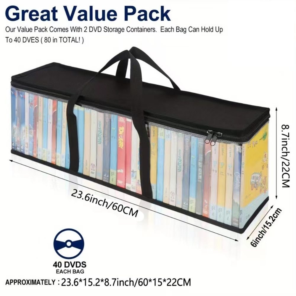 DVD 收纳袋（一套 6 个）媒体收纳袋，用于收纳 DVD、CD、蓝光光盘、电影盒、录像带盒、视频游戏盘，透明塑料袋，带手提把手和拉链 - 黑色