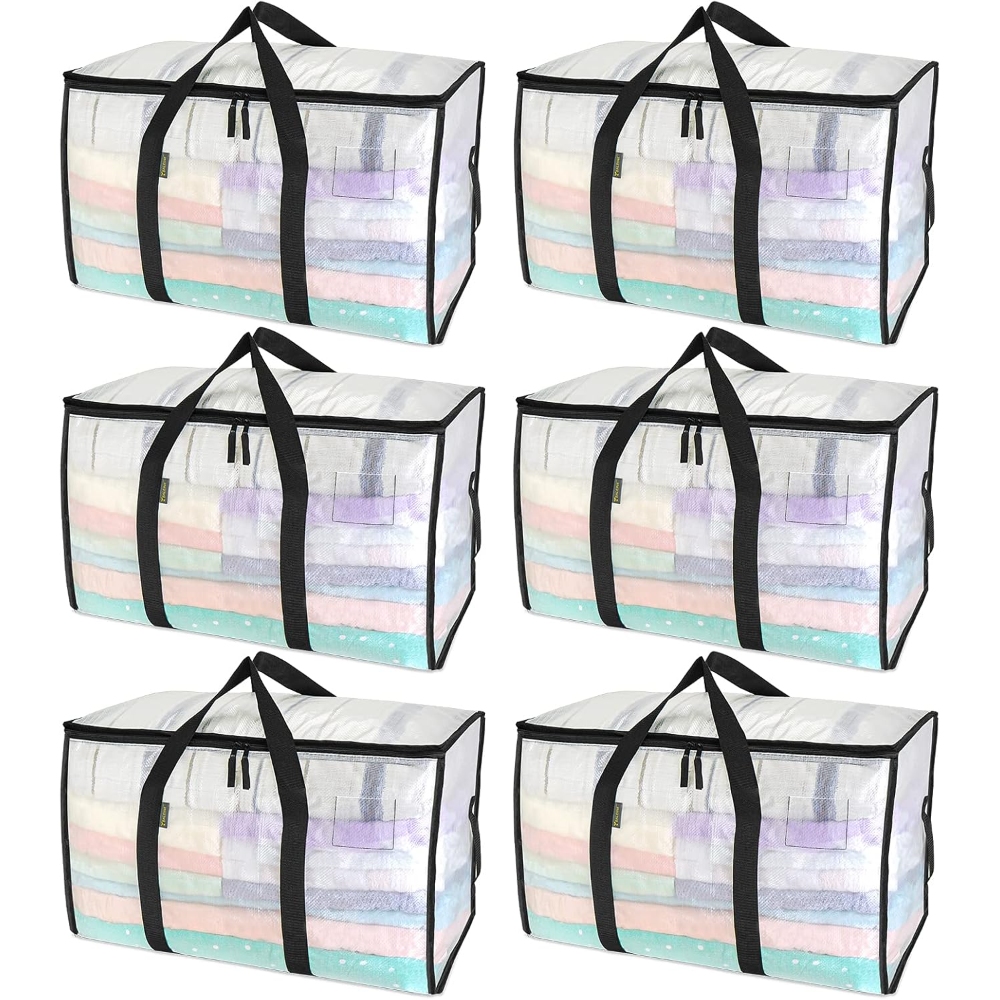 6-Pack Oversized Moving Bags with Reinforced Handles, Heavy-Duty Storage Tote for Clothes, Moving Supplies (Clear, 6-Pack)