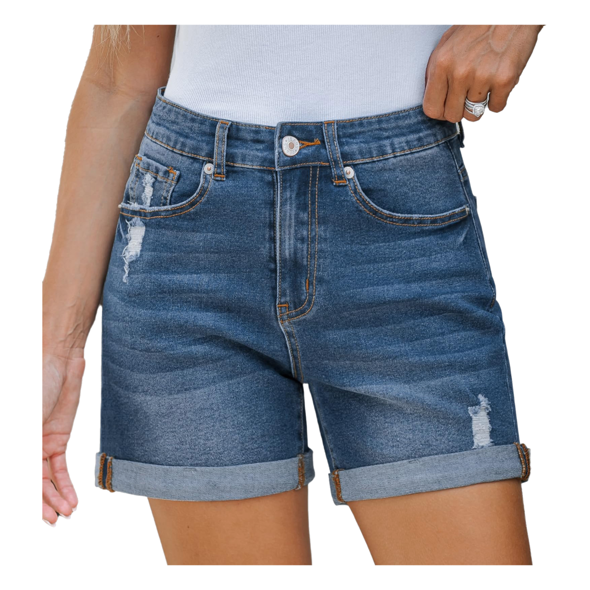 女式休闲破洞直筒牛仔短裤 高腰变形卷边牛仔短裤