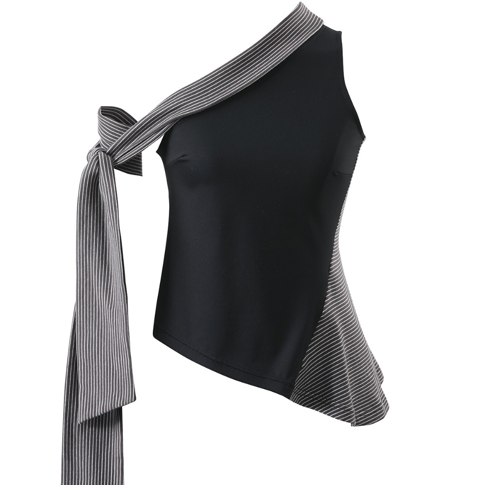 黑色斜肩背心设计感气质上衣女