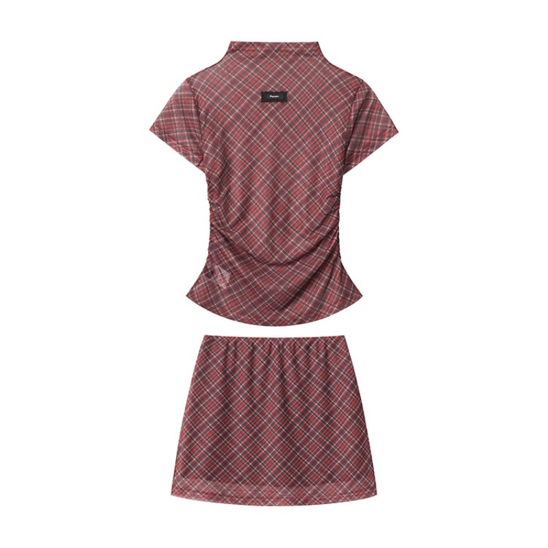 半高领格子皱褶设计短袖T恤女A字裙辣妹套装短裙子