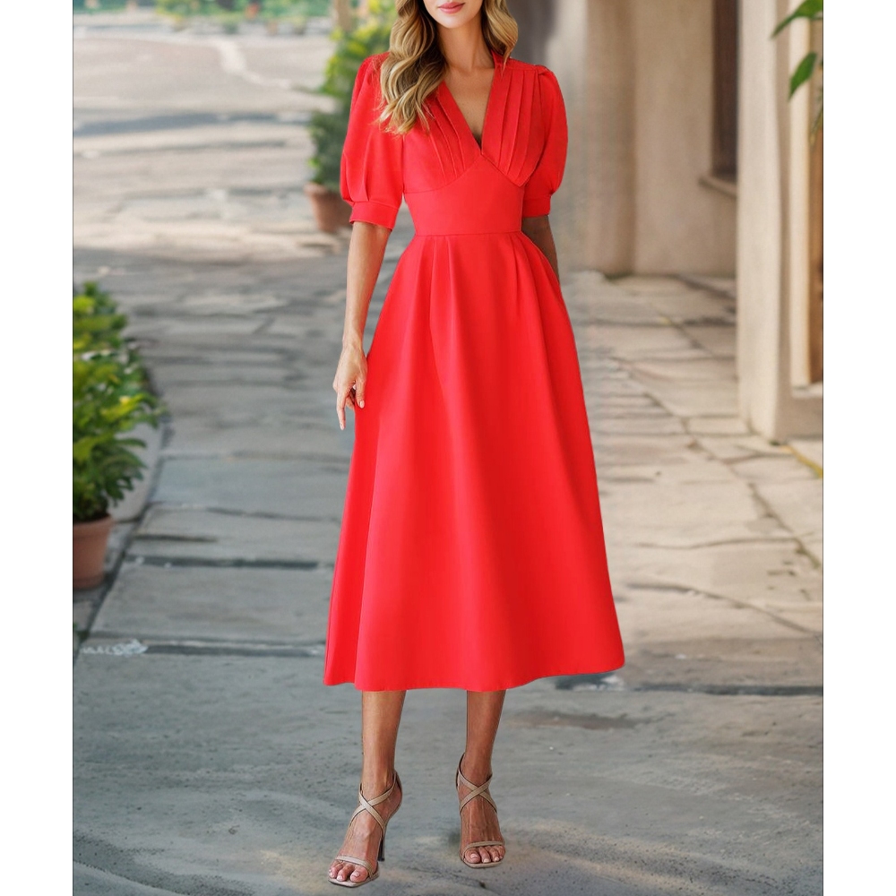 跨境2025夏季新品欧美复古纯色V领灯笼袖修身连衣裙亚马逊独立站