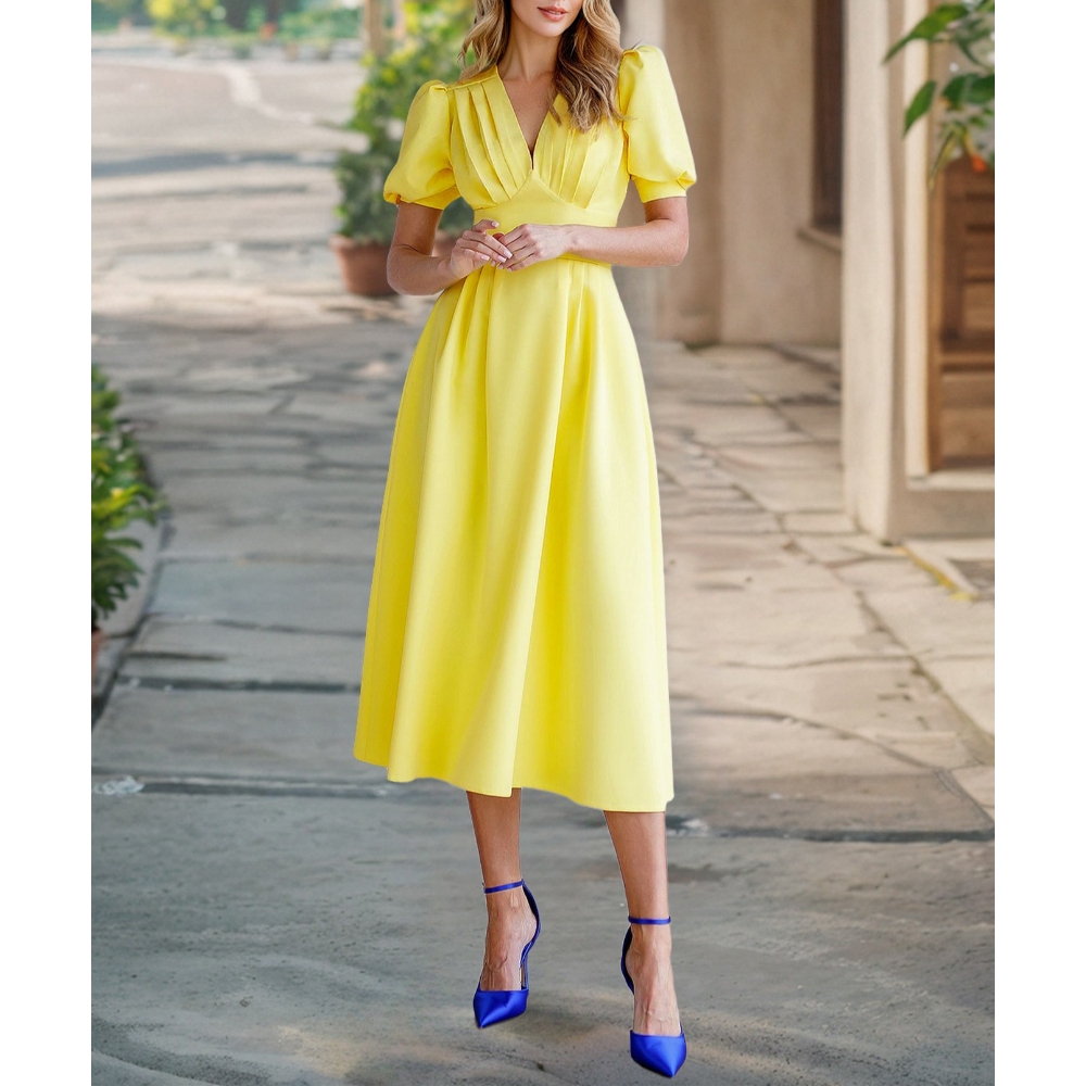 跨境2025夏季新品欧美复古纯色V领灯笼袖修身连衣裙亚马逊独立站