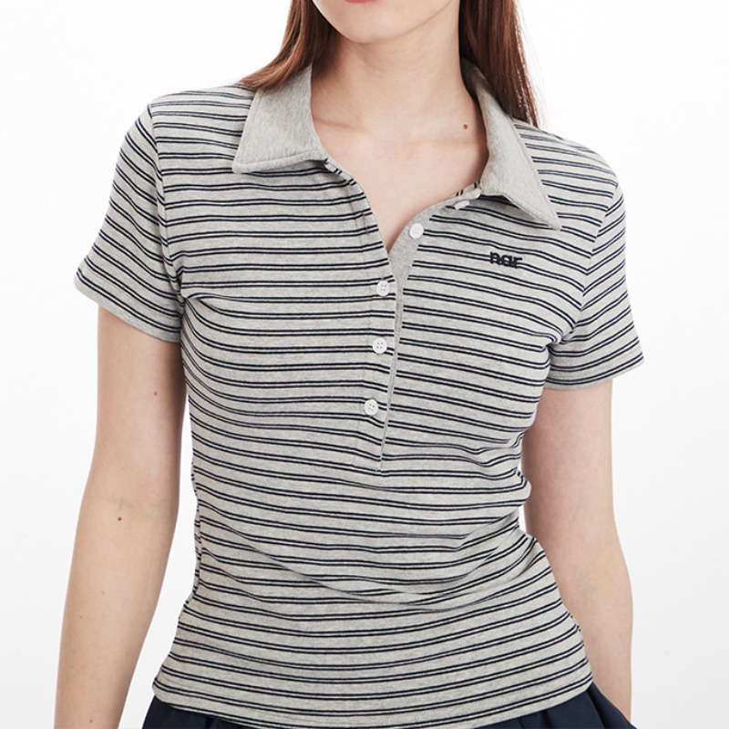 新款POLO领条纹设计t恤短袖上衣女休闲百搭