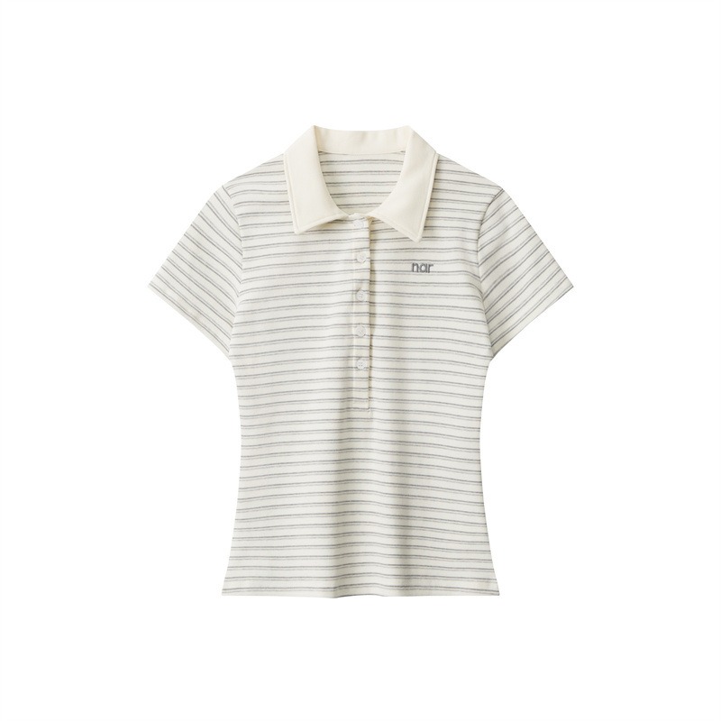新款POLO领条纹设计t恤短袖上衣女休闲百搭