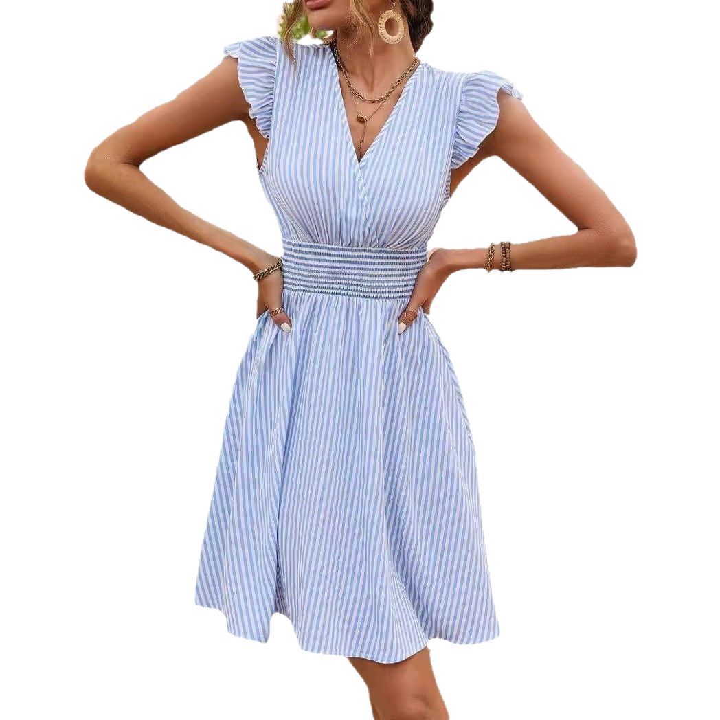 女式连衣裙条纹印花蝴蝶袖连衣裙