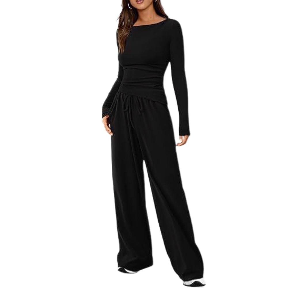 2025亚马逊秋季爆款休闲套装不对称长袖 T 恤阔腿裤休闲装运动服