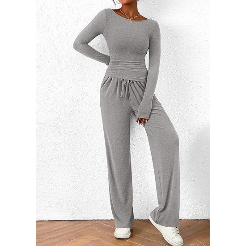Womens 2025 Fall Asymmetrical Lounge Set Long Sleeve T-Shirt & Wide Leg Pants Comfy Travel Essentials Y2K Retro Street Style Oversized Athleisure Matching Outfit