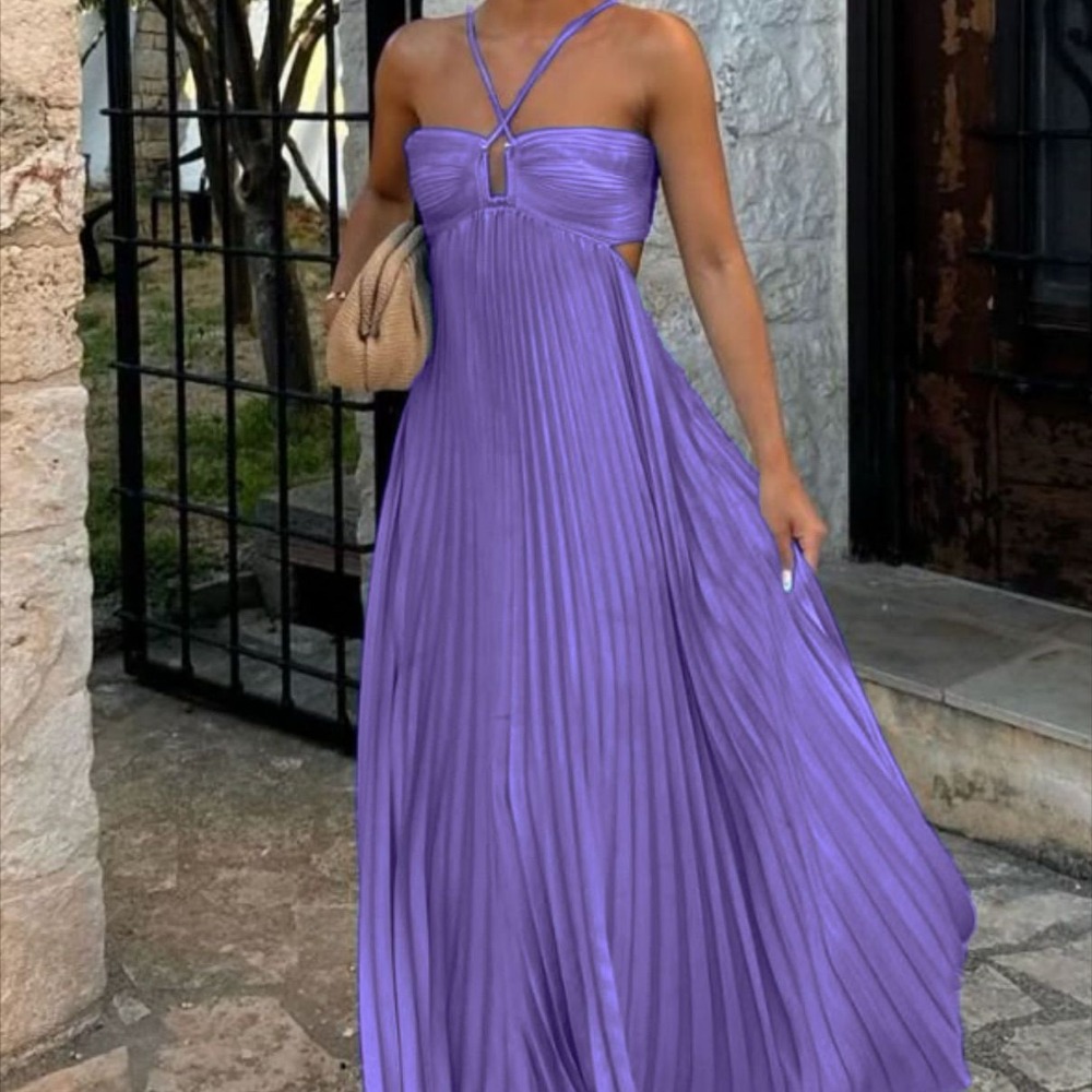 纯色抹胸压褶无袖吊带连衣裙