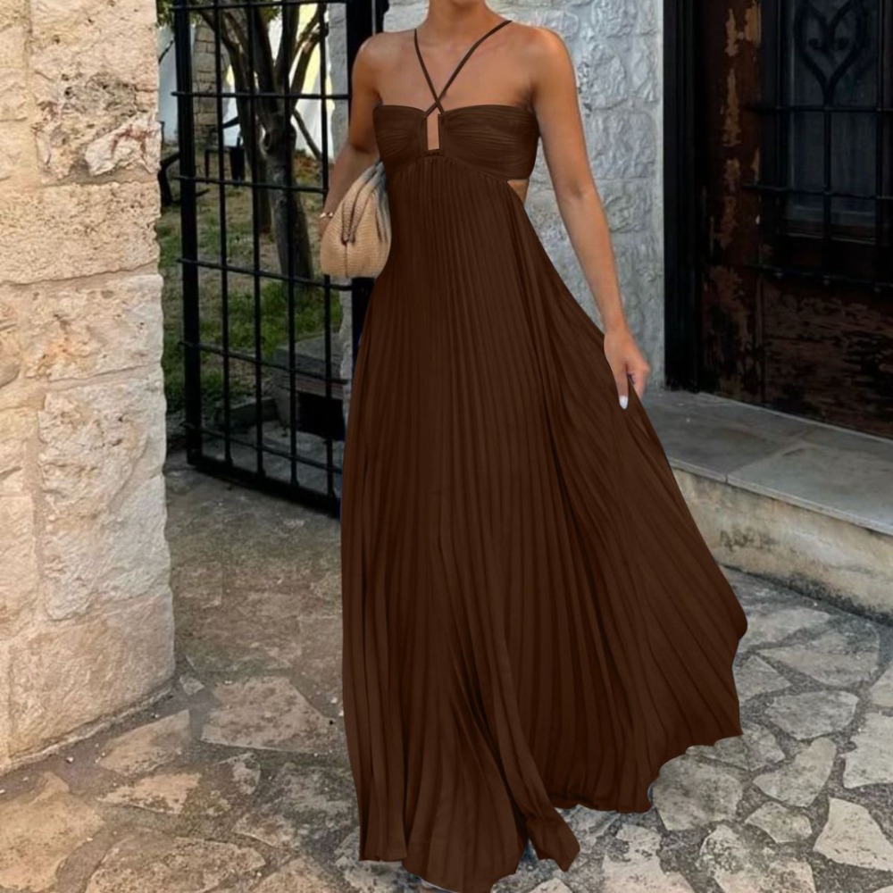 纯色抹胸压褶无袖吊带连衣裙