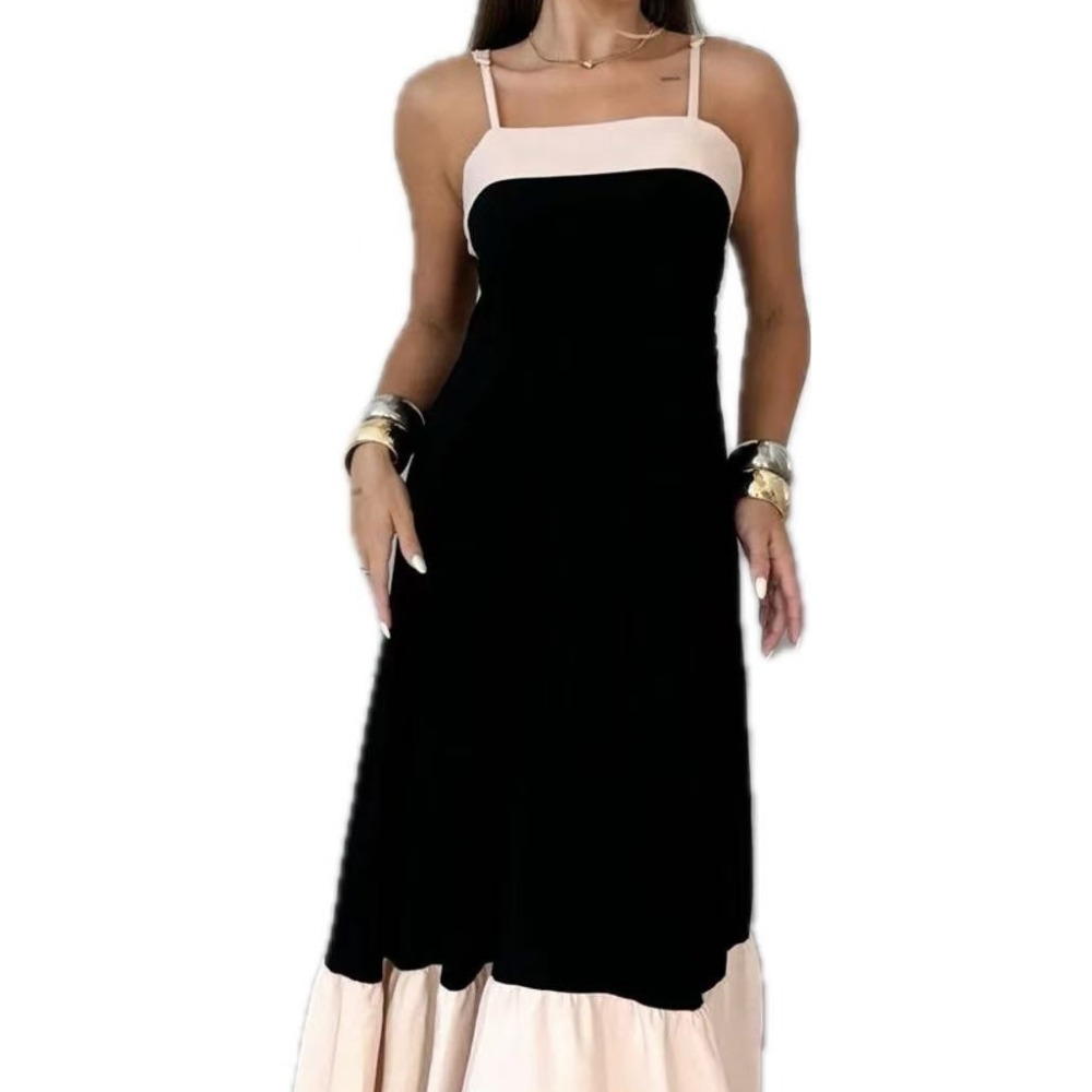 新款长款时尚拼接撞色吊带连衣裙