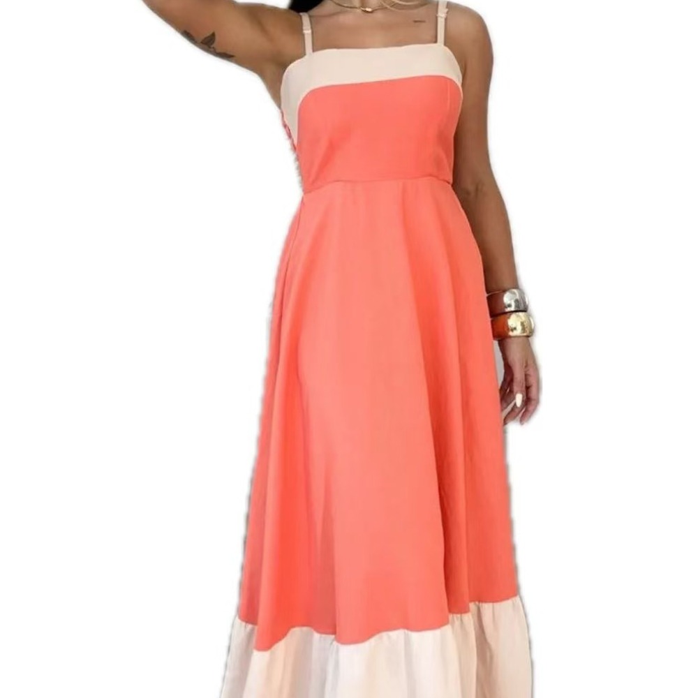 新款长款时尚拼接撞色吊带连衣裙