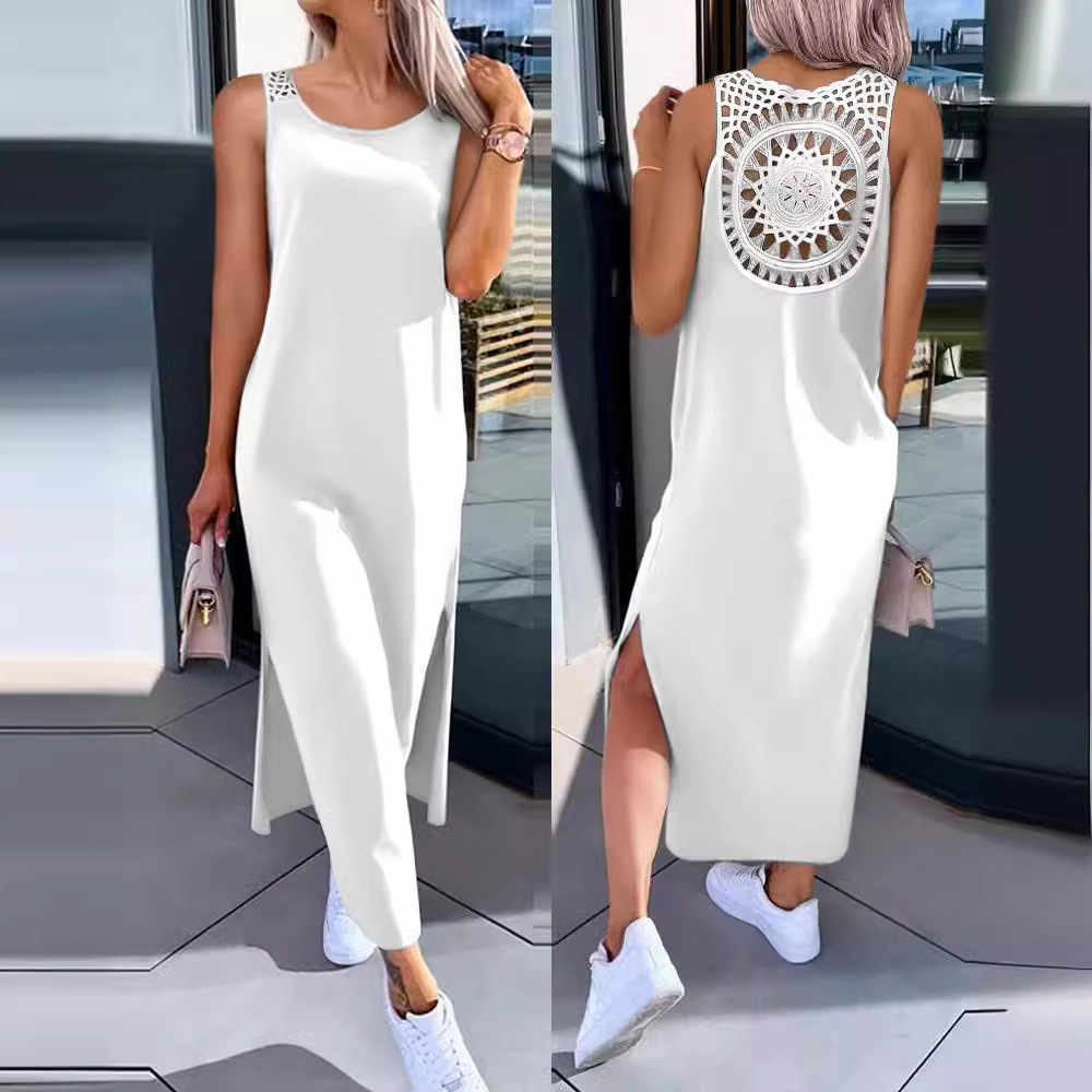 Women's Back Cutout Dress Summer Midi Dress Breathable Solid Color Dress Breezy Elegance Back Detail Midi Dress with Unique Cutout Design