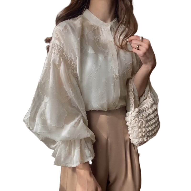 新款前后穿花朵提花灯笼袖透明衬衫