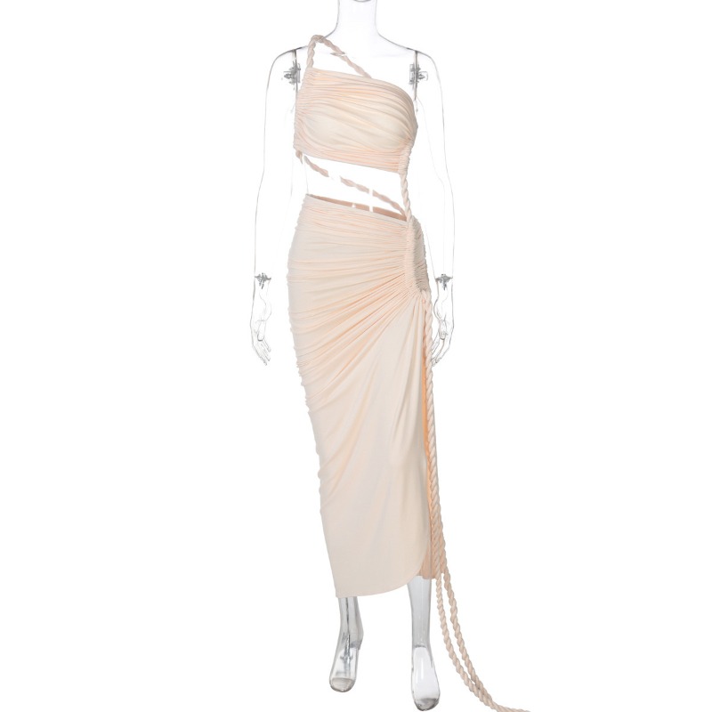 时尚单肩抹胸露背镂空系绳皱褶连衣裙