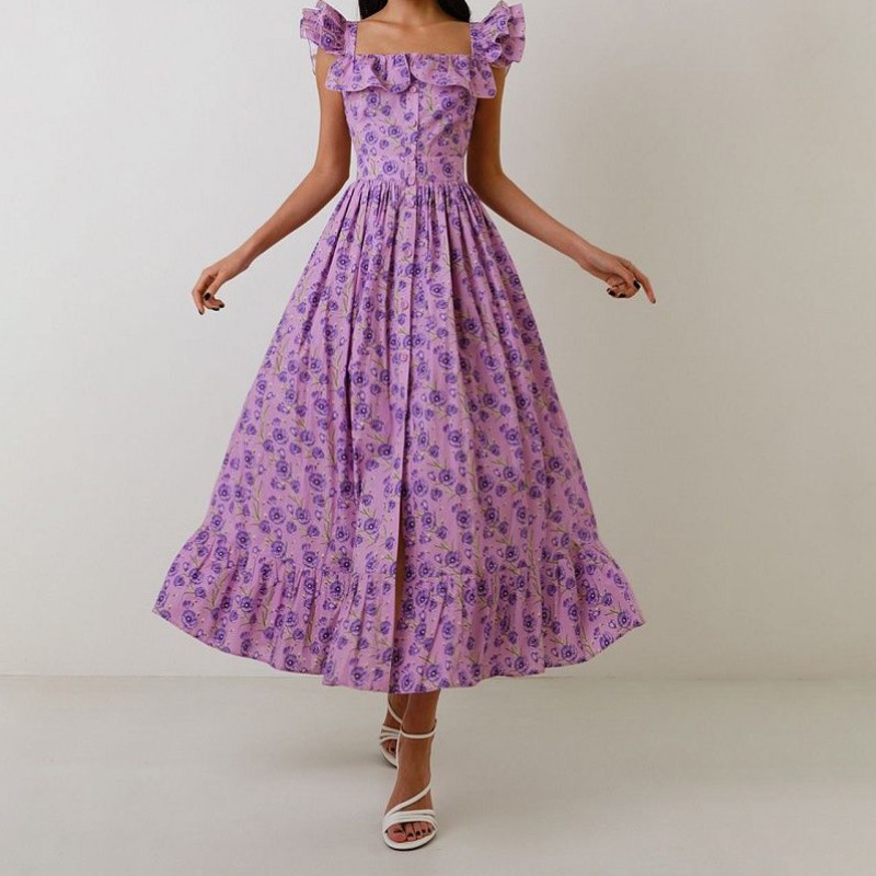 Women's French Style Floral Dress Square Neck Puff Sleeve Dress Summer Vacation Outfit Breezy & Beautiful Waist-Cinching Floral Midi Dress Perfect for Beach Getaways