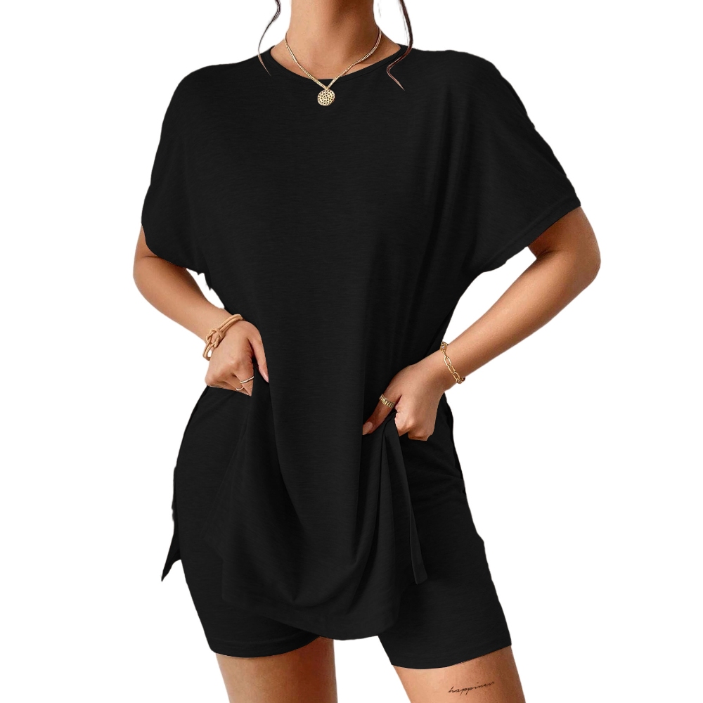 2025夏季新款跨境欧美外贸圆领纯色套装蝙蝠袖上衣三分裤休闲女款