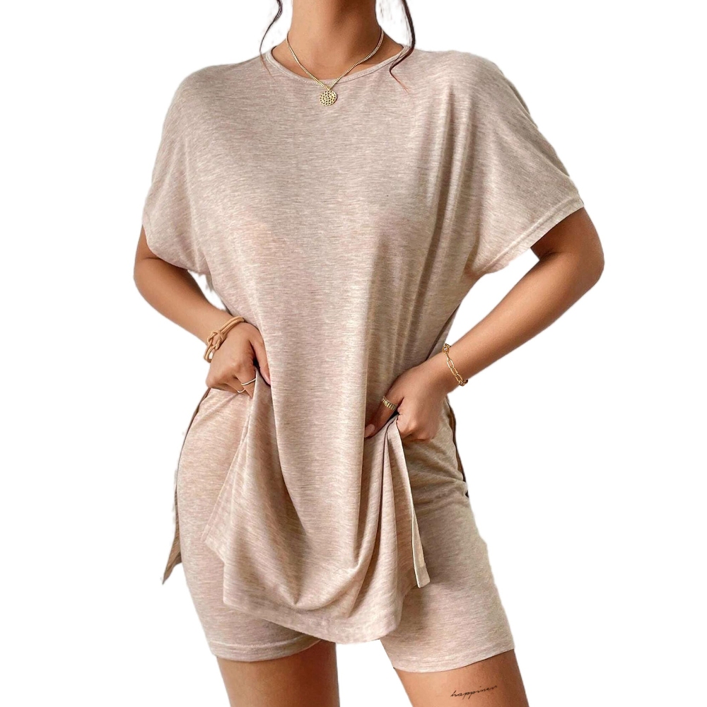 2025夏季新款跨境欧美外贸圆领纯色套装蝙蝠袖上衣三分裤休闲女款