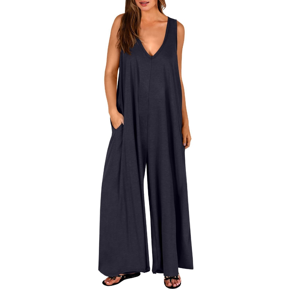 Women's 2025 Summer Lightweight Jumpsuit Sleeveless Wide Leg Romper Stretchy High Waist Lounge-to-Street Outfit with Pocket