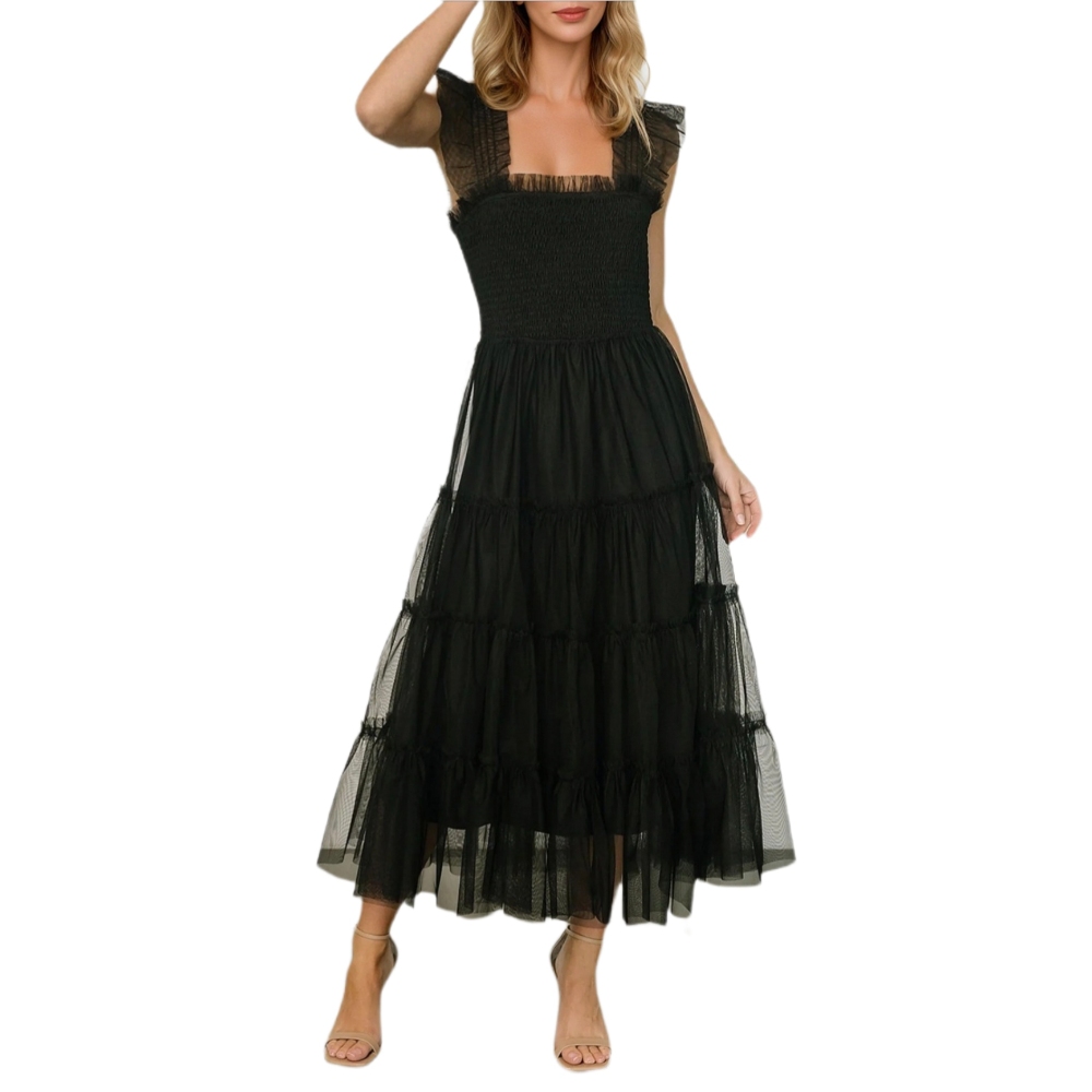 欧美跨境女装新款性感飞飞袖网纱蛋糕裙修身宴会礼服长款连衣裙爆