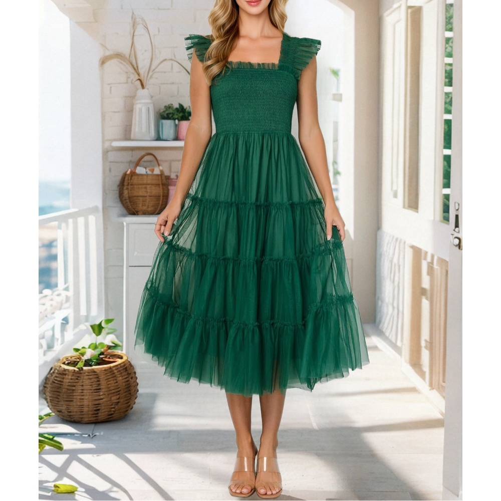 欧美跨境女装新款性感飞飞袖网纱蛋糕裙修身宴会礼服长款连衣裙爆