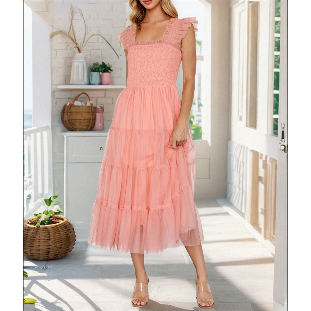 欧美跨境女装新款性感飞飞袖网纱蛋糕裙修身宴会礼服长款连衣裙爆