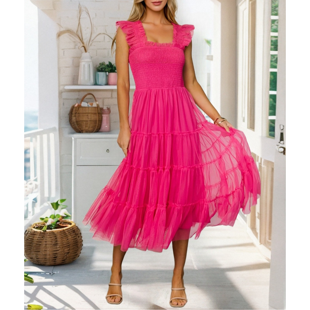 欧美跨境女装新款性感飞飞袖网纱蛋糕裙修身宴会礼服长款连衣裙爆