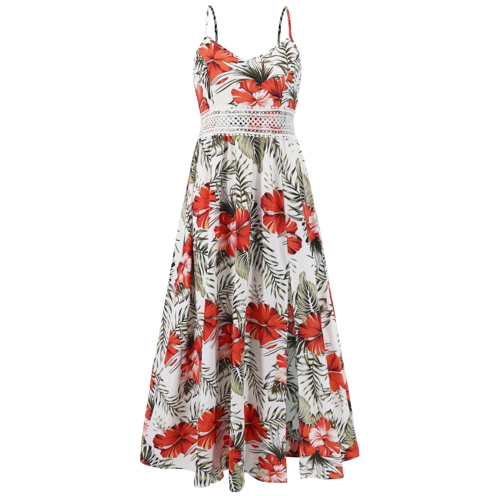 跨境外贸女装新款波西米亚雪纺印花蕾丝吊带裙夏季temu爆长连衣裙