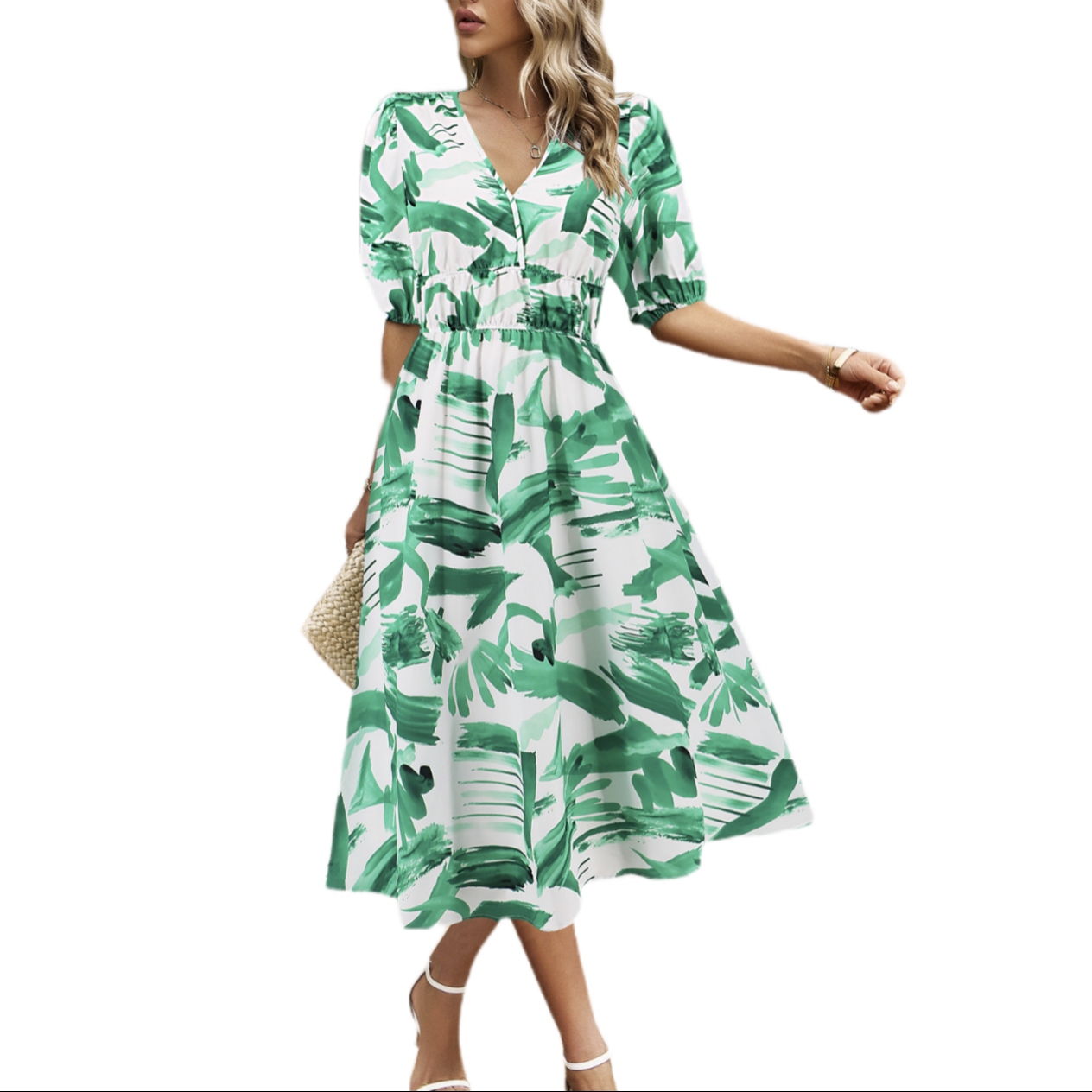 欧美外贸夏女装V领波西米亚印花连衣裙A字裙子跨境亚马逊temu爆款