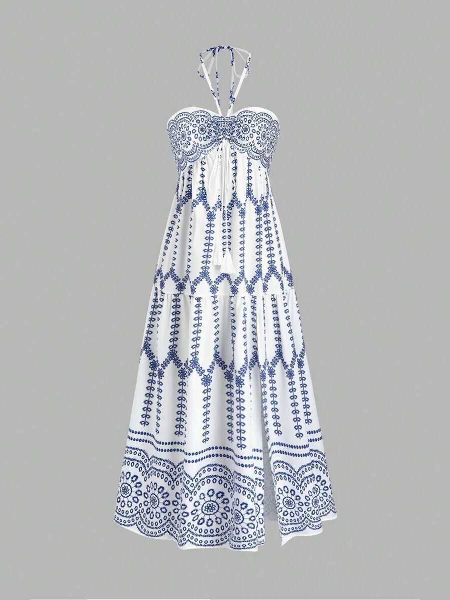 女子夏季连衣裙波西米亚印花吊带无袖拆分下摆长加米连衣裙