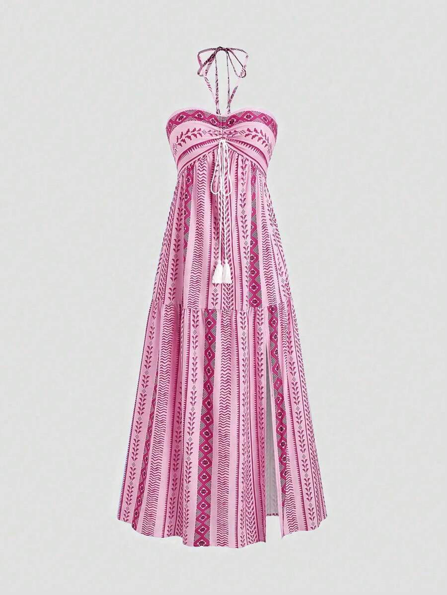 女子夏季连衣裙波西米亚印花吊带无袖拆分下摆长加米连衣裙