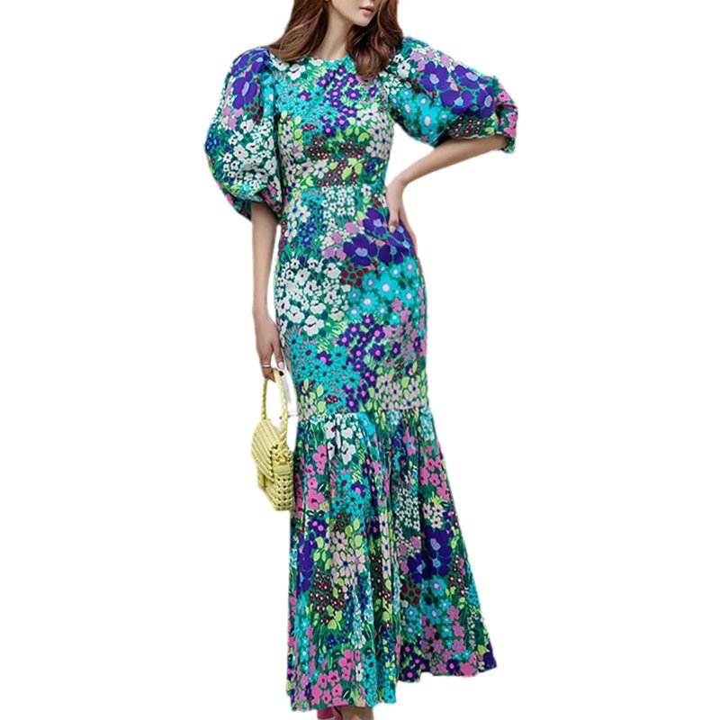 Women's Daisy Print Dress Mermaid Hem Maxi Dress Round Neck Bodycon Gown Timeless Elegance Bodycon Floral Maxi Dress with Feminine Fishtail Hem