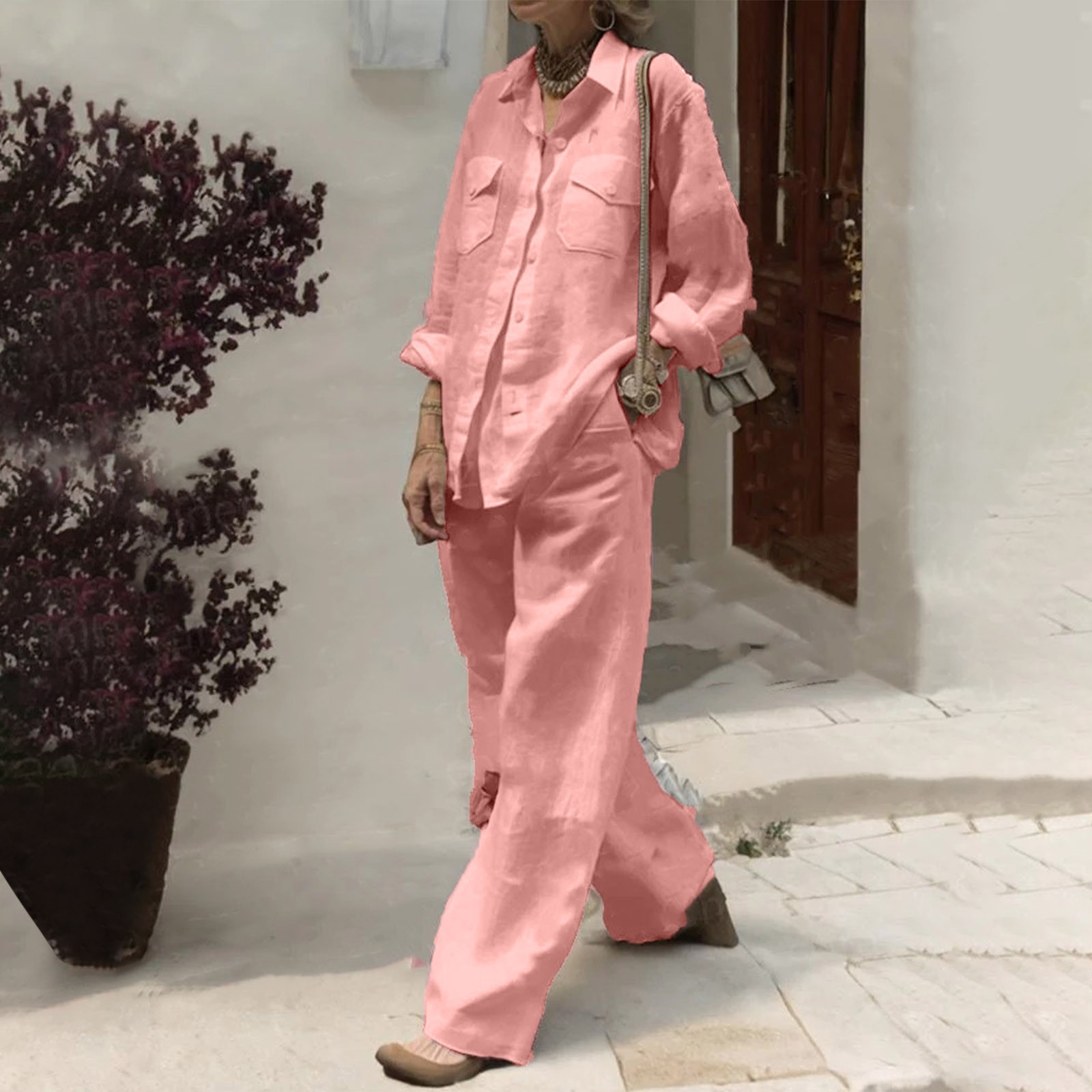 女装长袖衬衫胸前两个口袋宽松裤子两件套装