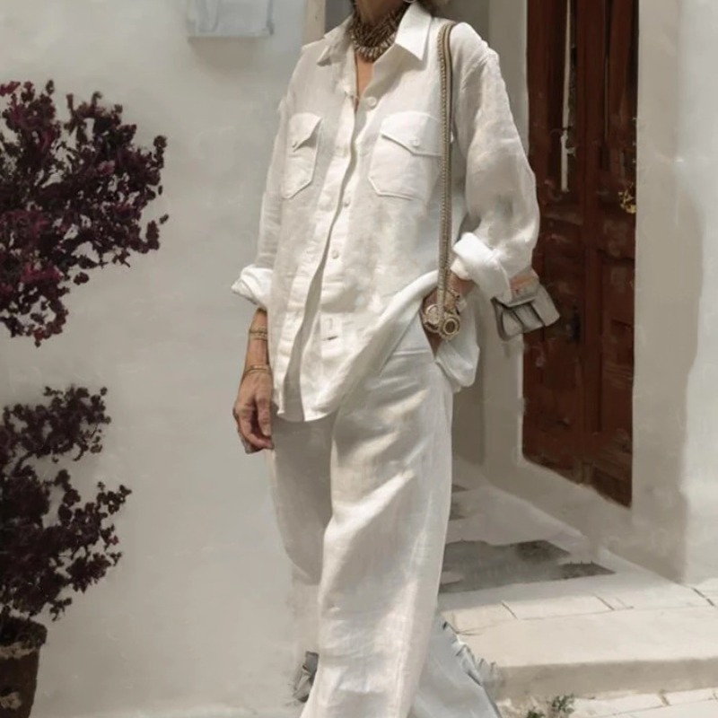 女装长袖衬衫胸前两个口袋宽松裤子两件套装