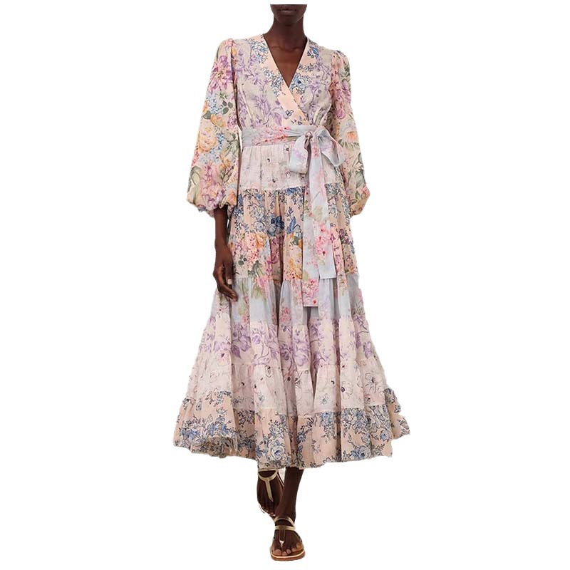 小众设计度假风V领层叠裙摆收腰长裙连衣裙女