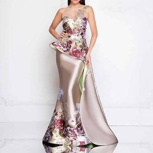 Floral Embroidered Evening Gown, Sleeveless Mermaid Dress with Peplum Detail, Champagne and Rose