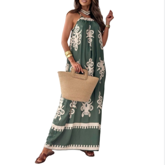 定位花印花吊带连衣裙