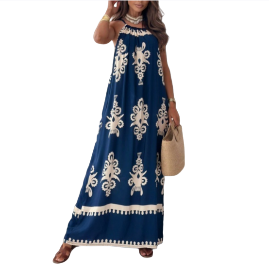 定位花印花吊带连衣裙