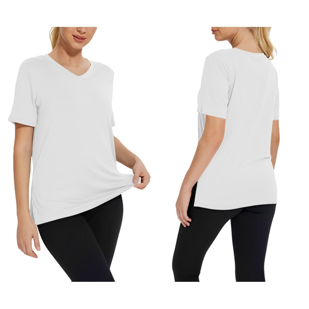 Women's 2025 Spring Summer V-Neck Split Hem T-Shirt Loose Fit Basic Top Versatile Minimalist Lightweight Layering Essential 