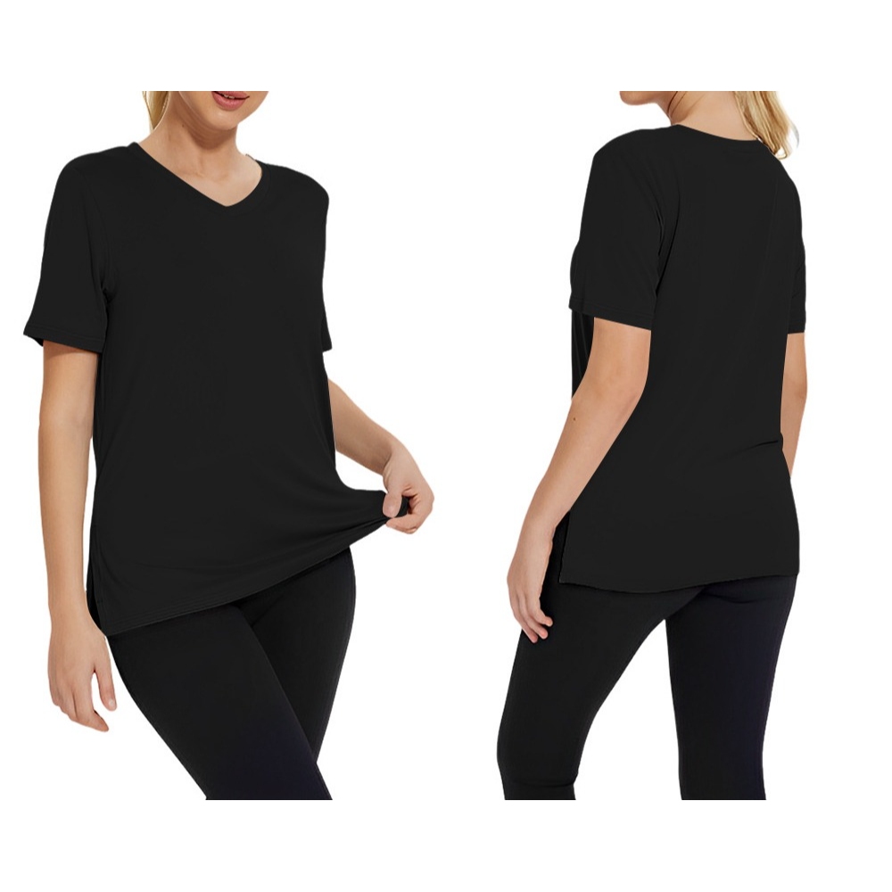  2025春夏新款亚马逊欧美跨境简约时尚V领纯色百搭T恤宽松开叉女装