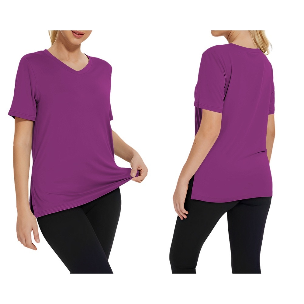  2025春夏新款亚马逊欧美跨境简约时尚V领纯色百搭T恤宽松开叉女装