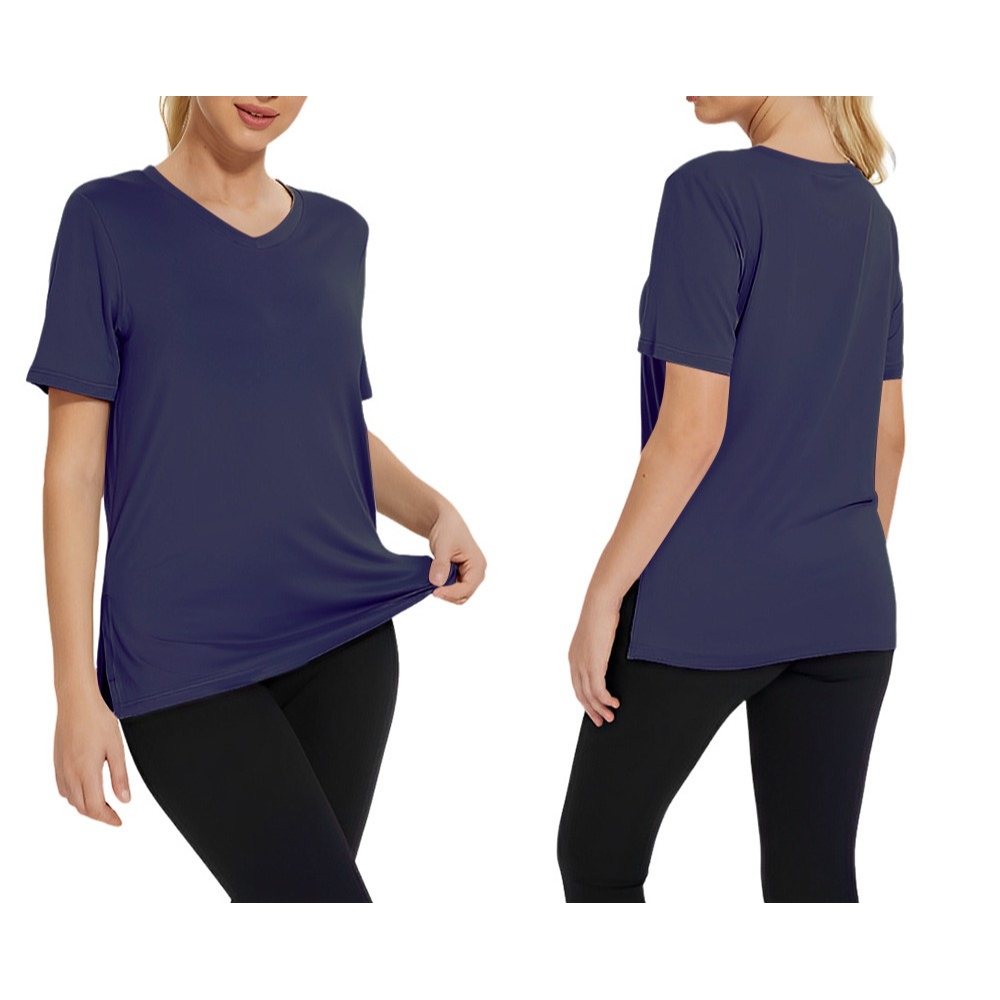  2025春夏新款亚马逊欧美跨境简约时尚V领纯色百搭T恤宽松开叉女装