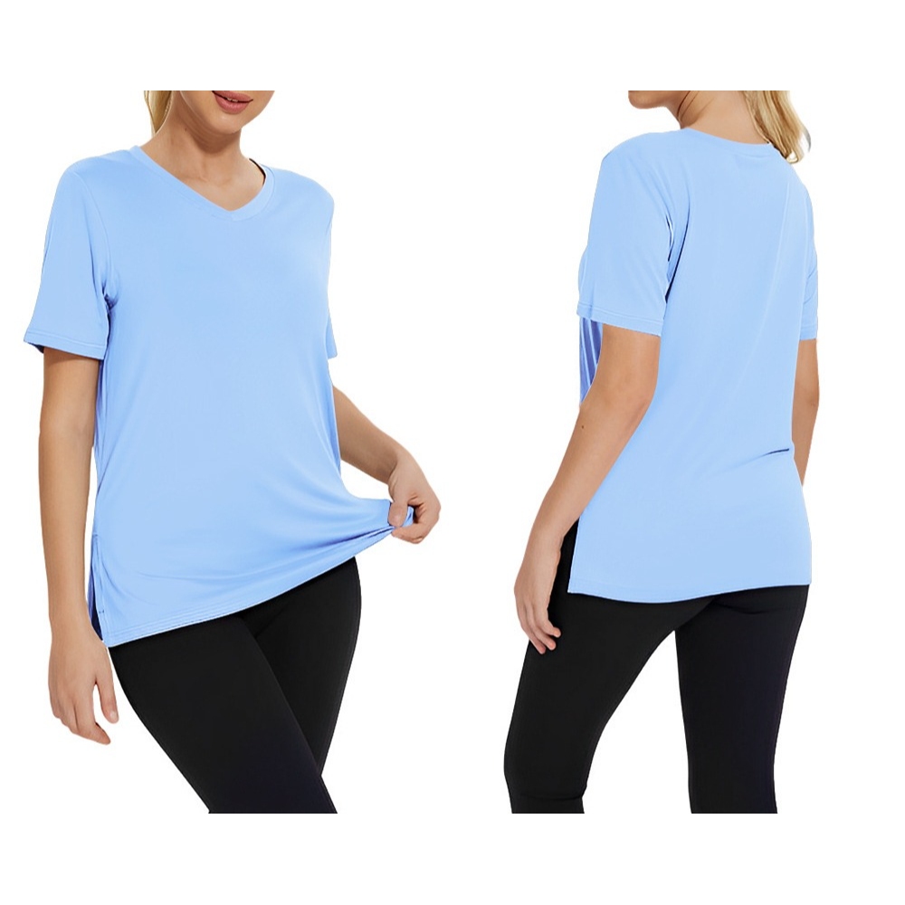  2025春夏新款亚马逊欧美跨境简约时尚V领纯色百搭T恤宽松开叉女装