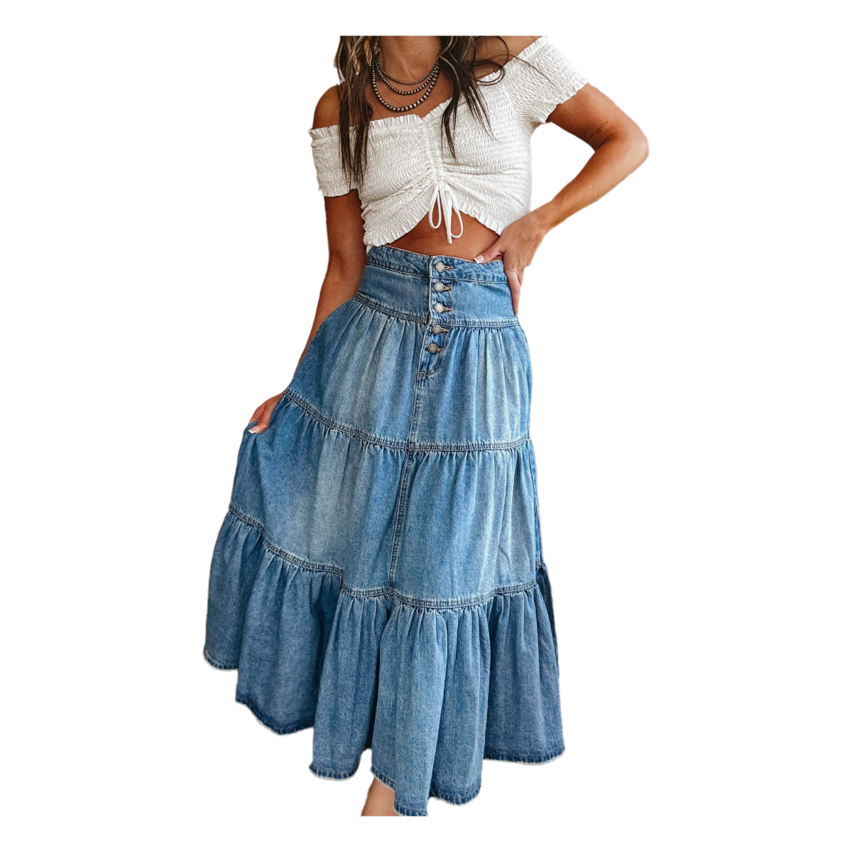 高腰牛仔长裙，波西米亚 A 字分层蛋糕牛仔半身裙