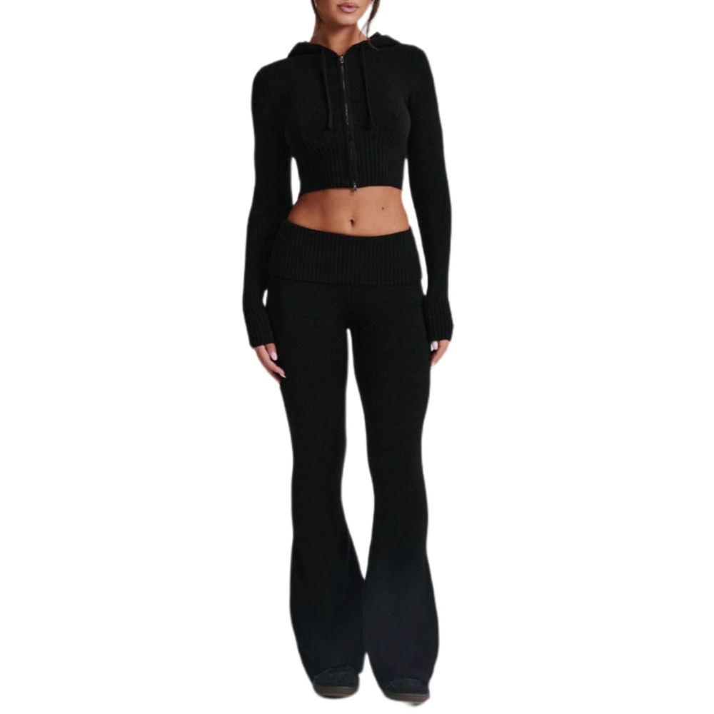 Women's 2025 Spring Slim-Fit Hooded 2-Piece Set High Waist Zip-Up Knit Top & Slim Fit Leggings Athleisure Suit Lounge-to-Street Essentials